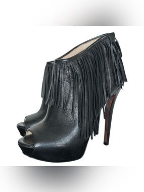 Y2K “Boutique 9” Black Leather Fringe Trim Peep-Toe Heeled Ankle Boots